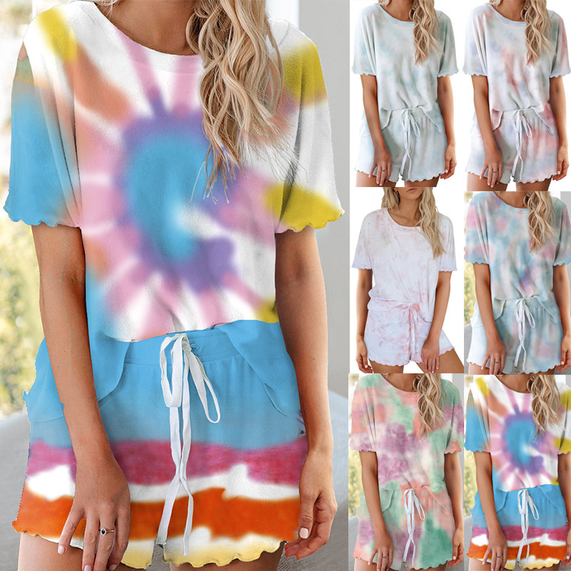 

Girl' Tie-dyed Short-sleeved Sport Suit Women' Knitted Round Collar Pullover Summer Breathable Home Clothes Running Suit, W8