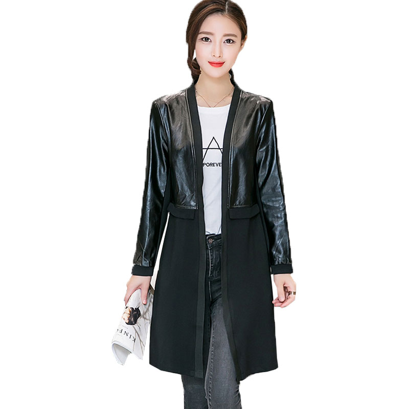 

2019 Spring Autumn New PU leather Jacket Women Cardigan trench Coat in long stitching Slim fashion Loose Female overcoats LJ307, Black