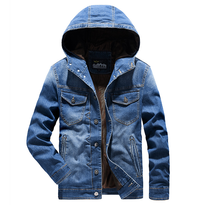 

Spring Autumn Denim Jacket Men Casual Hooded Single Breasted Mesh Liner Jeans Jacket Men Plus Size -4XL Windbreaker Denim Coat, Dark blue