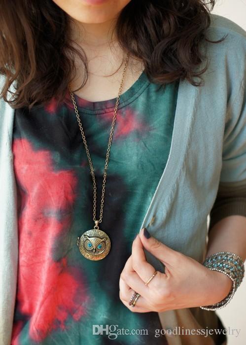 

Necklaces Pendant for Women Fashion Jewelry Antique Delicate Bronze Blue Eye Owl Locket Retro Long Chains Necklace Pendant, Silver