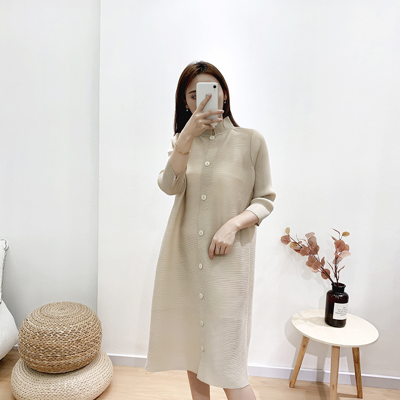 

Japanese Style MIYAKE Pleated Summer New Style Buckle Stand Collar Trench Coat Air-Conditioned Room Abrigo Mujer, Black