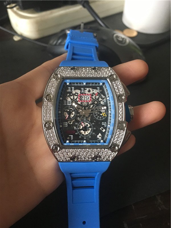 

New Arrival Men's Sport Watches Top Quality Male Watches Mechanical Wristwatch Skeleton Face Man Watch Diamonds Bezel Rubber Strap 020-2, Blue