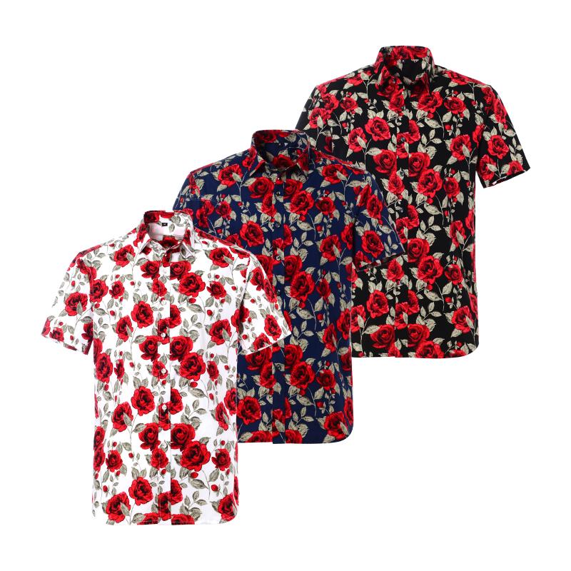 

Shanghai Story Leaves Flower Cotton Short Sleeve Hawaiian Shirt Rose Floral Print Button Down Beach Party Clothing, 8032-4