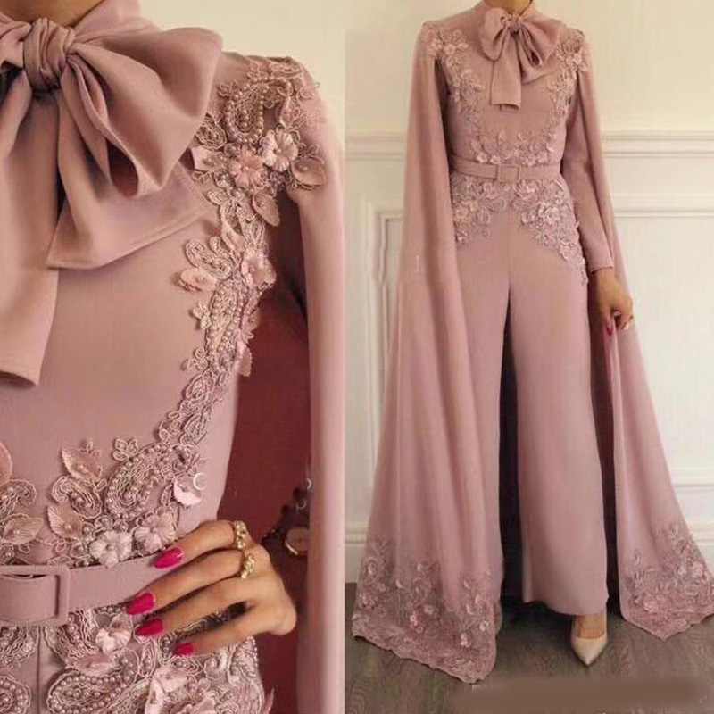 

Elegant Pink Jumpsuits Evening Dresses With Wrap Long Sleeves Appliqued Plus Size Prom Dress Beaded Outfit Formal Party Gowns Custom, Ivory