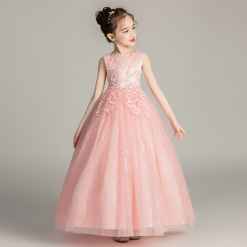 

Retail baby girls dress flower appliqued long mesh wedding dress kids floral embroidered princess evening skirts children boutique clothing, See the pictures