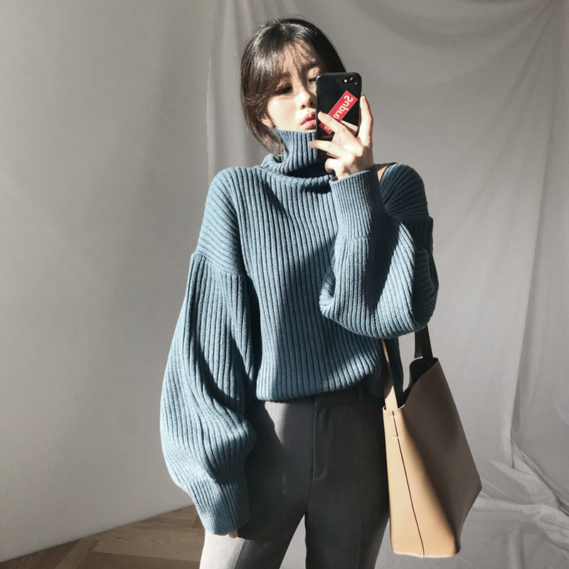 

Casual Loose Turtleneck Thick Women Sweater Autumn Winter Female Lantern Sleeve Knitted Pullovers Femme Jumper 2019, Beige