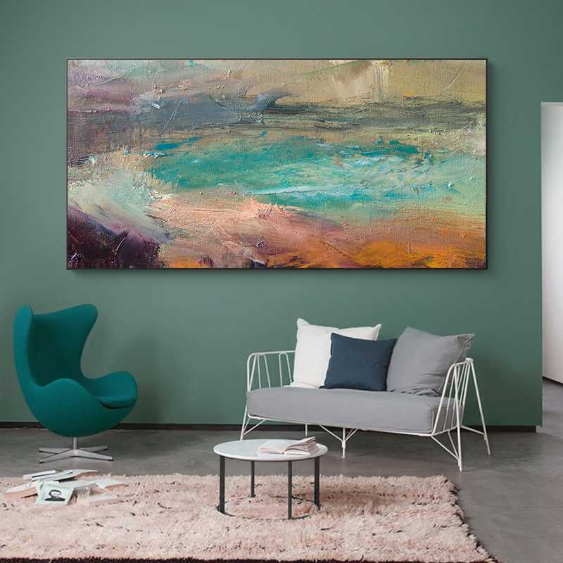 

Modern abstract canvas painting blue gray oil wall art 56 by 28inch big size canvas wall painting for living room home decor