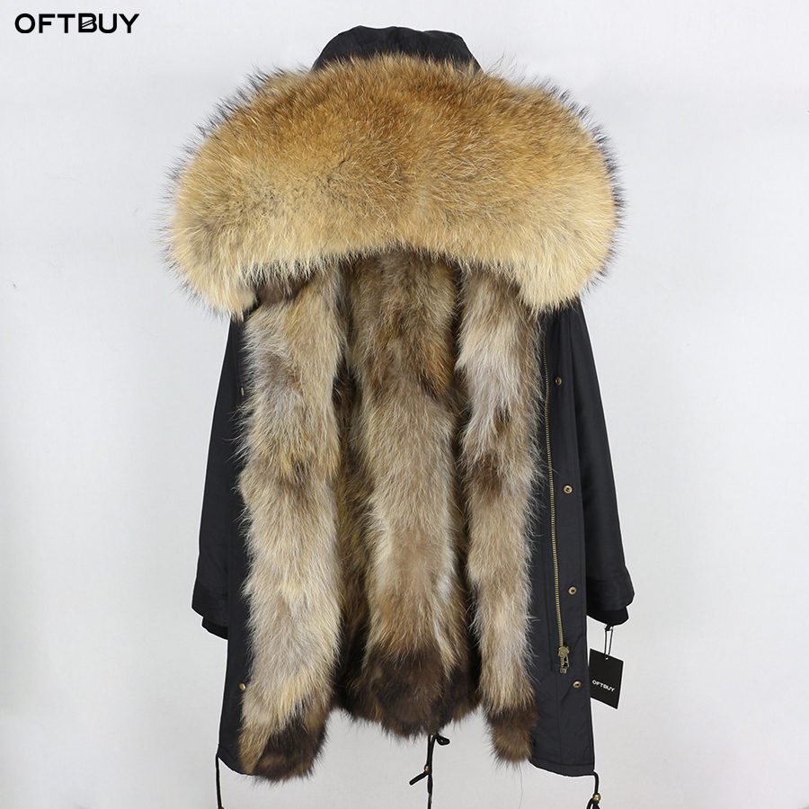

OFTBUY 2020 Real Fur Coat Winter Jacket Women Long Parka Waterproof Big Natural Raccoon Fur Collar Hood Thick Warm Real Fox Fur Liner, Long black brown