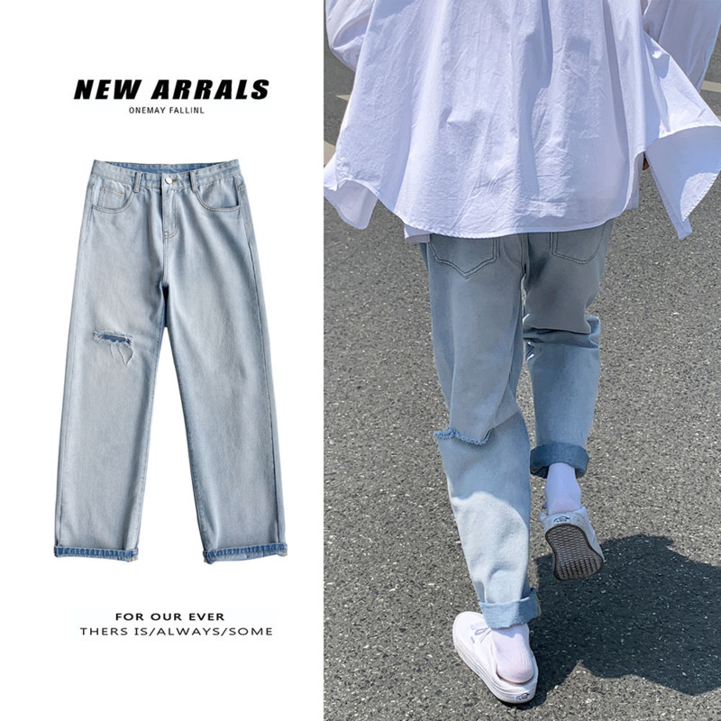 

Korean Straight Jeans Men's Fashion Retro Ripped Jeans Pants Men Streetwear Wild Loose Hip Hop Hole Denim Trousers Mens -3XL, Picture color