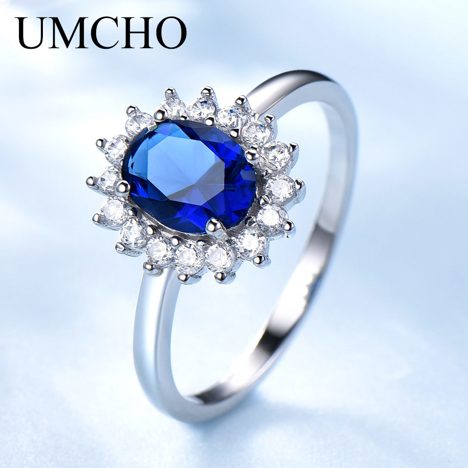 UMCHO Blue Sapphire Princess Diana Rings for Women Genuine 925 Sterling Silver Romantic Engagement Ring Wedding Jewelry CX200611