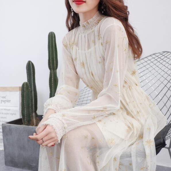 

Floral Lace Spring Summer Skirt Women Flare Sleeve Skirt 2020 Elegant Office Polka Dots vestidos mujer DV100, Beige