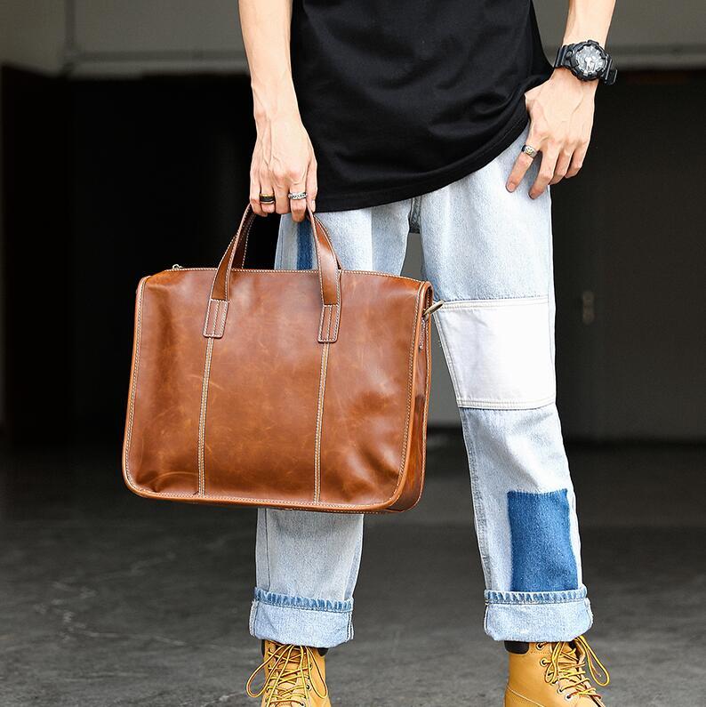 

Factory wholesale men handbag retro crazy horse briefcase leather mens handbags horizontal stitching decorative business leisure computer, Coffee
