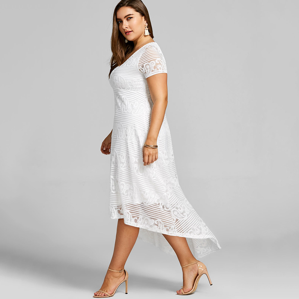 2020 Summer Midi Dress Women Plus Size Sundress Short Sleeves White