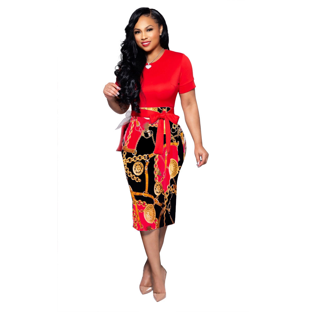 

Women Elegant Office Midi Dresses Ladies Bodycon Print Chain Short Sleeve Belt O-Neck Female Fashion Sexy Work Summer Pencil Dress, Red