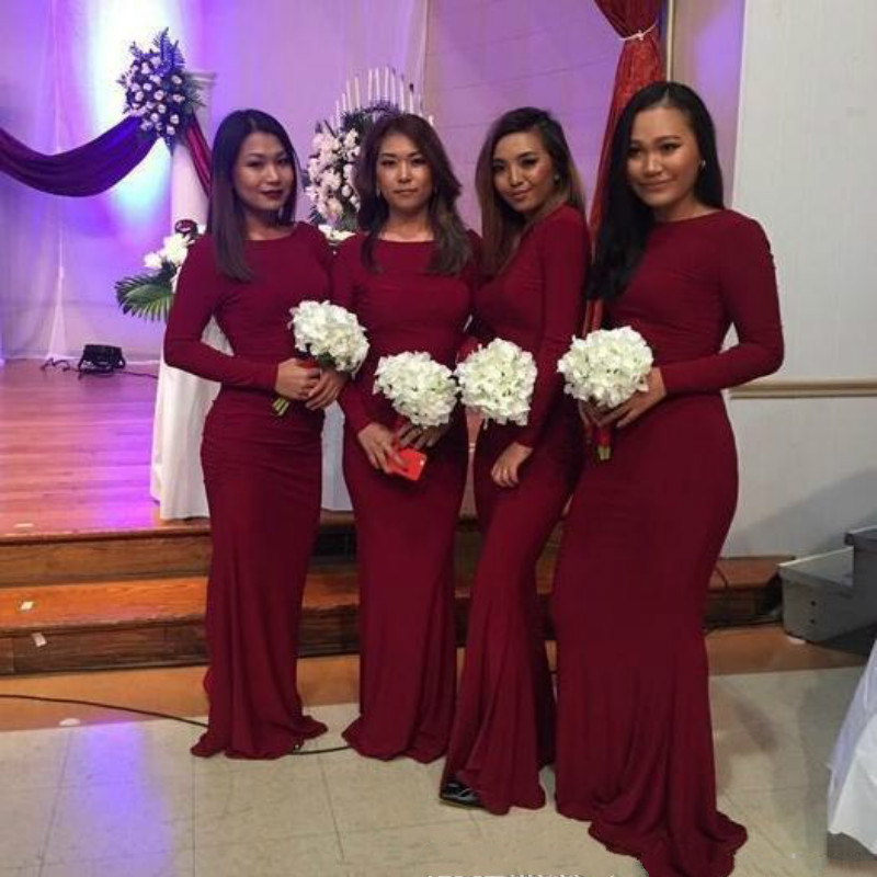 

2020 Elegant Burgundy Long Sleeve Mermaid Bridesmaid Dresses New Scoop Neck Floor Length Formal Wedding Guest Maid Of Honor Gown