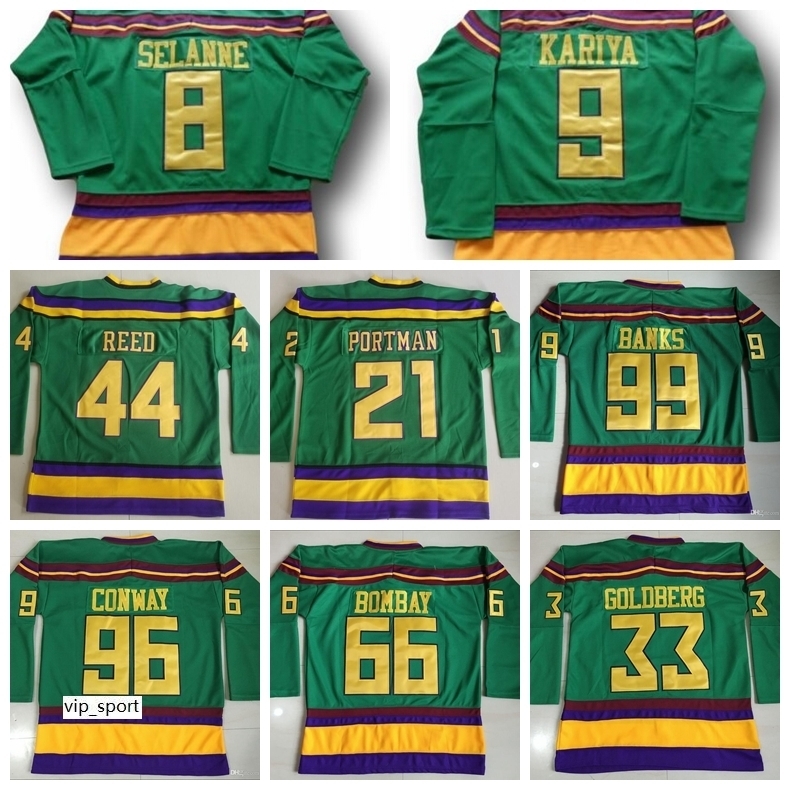 

Mighty Ducks Movie 99 Adam Banks Jersey Hockey 96 Charlie Conway 21 Dean Portman 44 Fulton Reed 33 Greg Goldberg 66 Gordon Bombay, Black;red