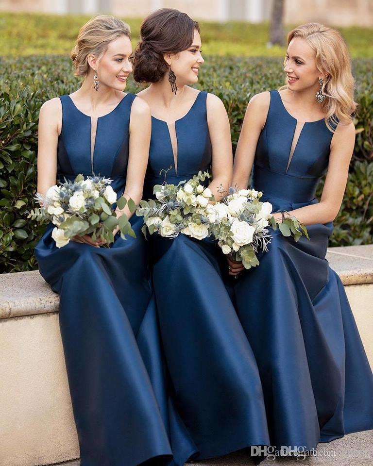 

Cheap Long Dark Navy Bridesmaid Dresses Formal Gown 2019 New Arrival Satin Plus Size Party Prom Dresses