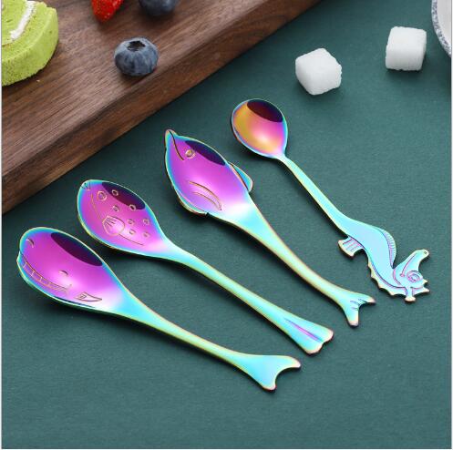

304 Stainless Steel Mirage Tableware Creative fish, seahorse spoon, dolphin, whale, puffer Mixing Spoon Coffee cup Hanging spoon