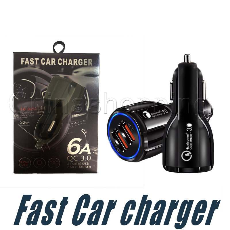 

QC3.0 fast charger 3.1A Quick Charge car charger LED Dual USB Fast Charging phone charger with Cable DC 12-24V with Retail Package