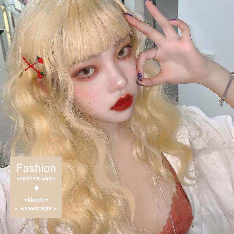 

BUQI Blonde Wigs Bangs Curly Wavy Medium Long Synthetic Heat Resistant Wavy Straight Wig For Women Party Cosplay Lolita Anime, Natural color