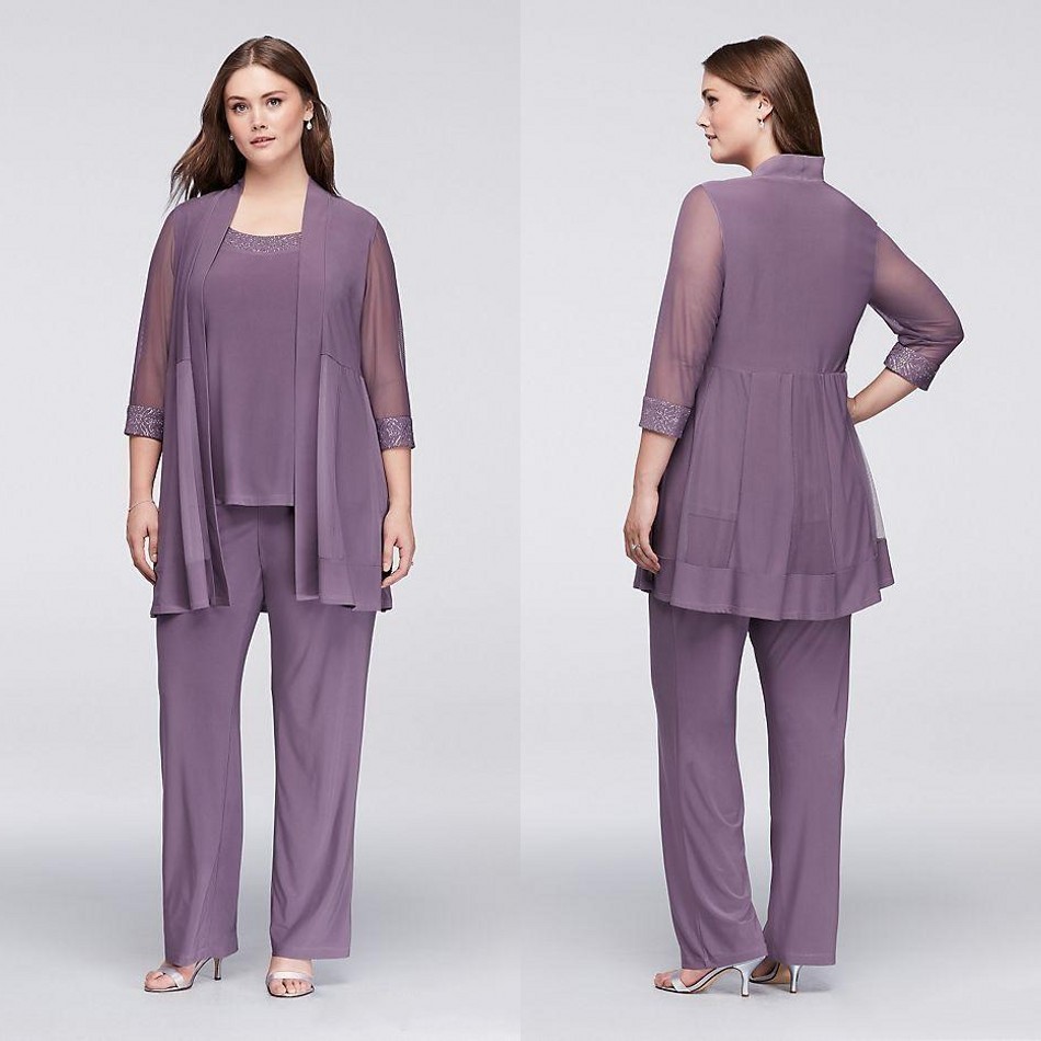 

Modest Three Pieces Mother Of The Bride Pant Suits With Jackets Sequins Wedding Guest Dresses Plus Size Chiffon Mothers Groom Dresses