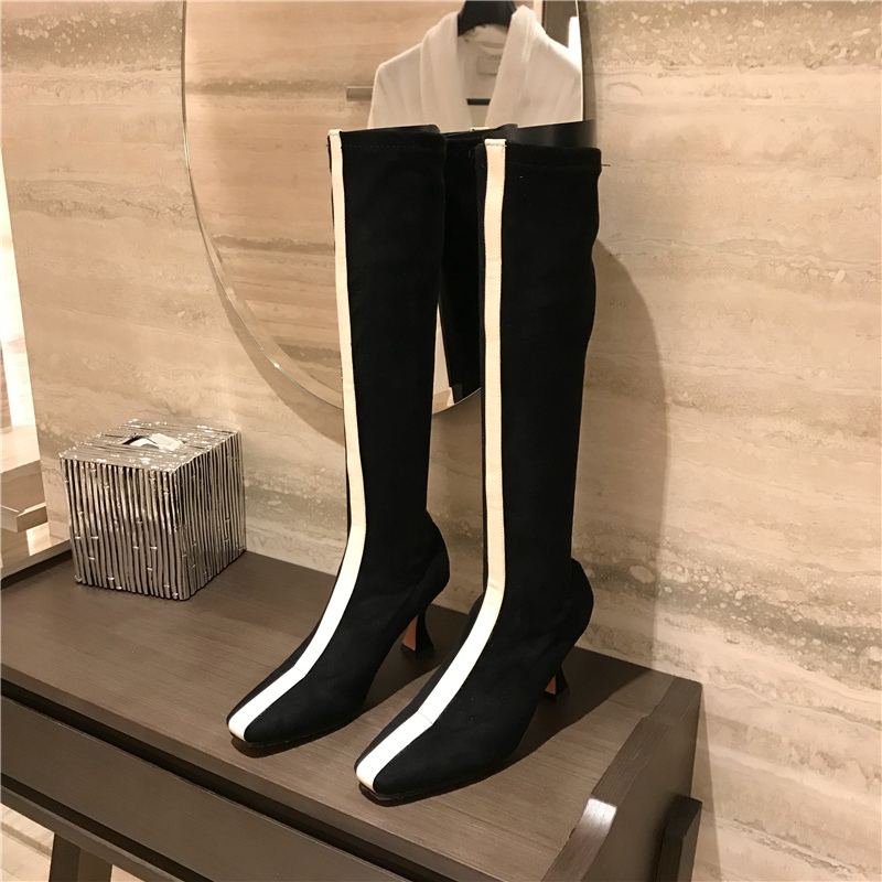 

2020 Winter Spring Women Stretch Fabric Suede Warm Fur Knee High Boots High Heels Flock Long Boots Party Shoes, Black