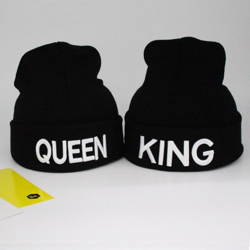 

Hot Sale Black King Queen Hat Winter Hats Couple Bonnet For Men Women Hip Hop Warm Knitted Cap Couple Warm Winter Cap, White king queen