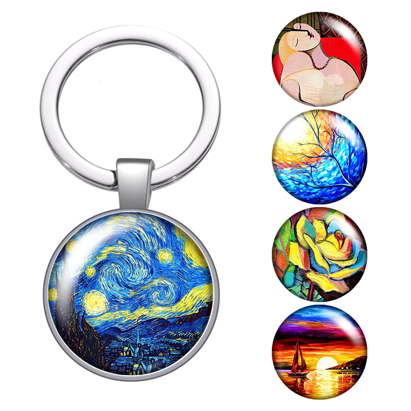 

Beauty Oil Paintings Flowers Glass Cabochon Keychain Bag Car Key Chain Ring Holder Charms Silver Keychains For Men Women Gifts