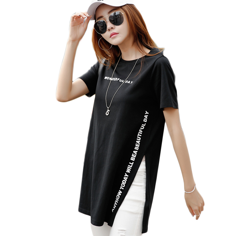 

New Summer T Shirt Women Top Tee Short Sleeve Kawaii Cotton Female T-shirt Side Opening Long T-shirts For Women Harajuku Tshirt Y19051301, White