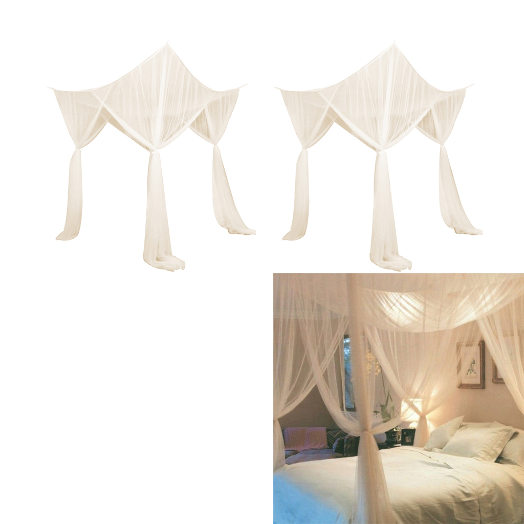 

2x beige 4 corner post bed canopy drape valance fine mesh black net