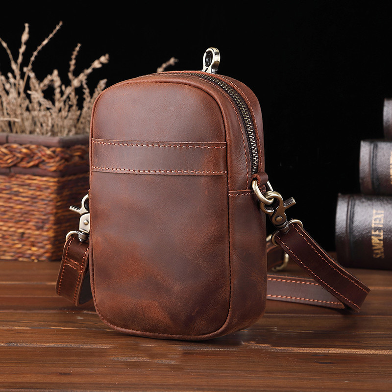 

Vintage Men Waist Pack Men's Small Genuine Leather Waist Bags Phone Pouch Messenger Bag Male Belt Hip Crossbody Shoulder Bag, Brown