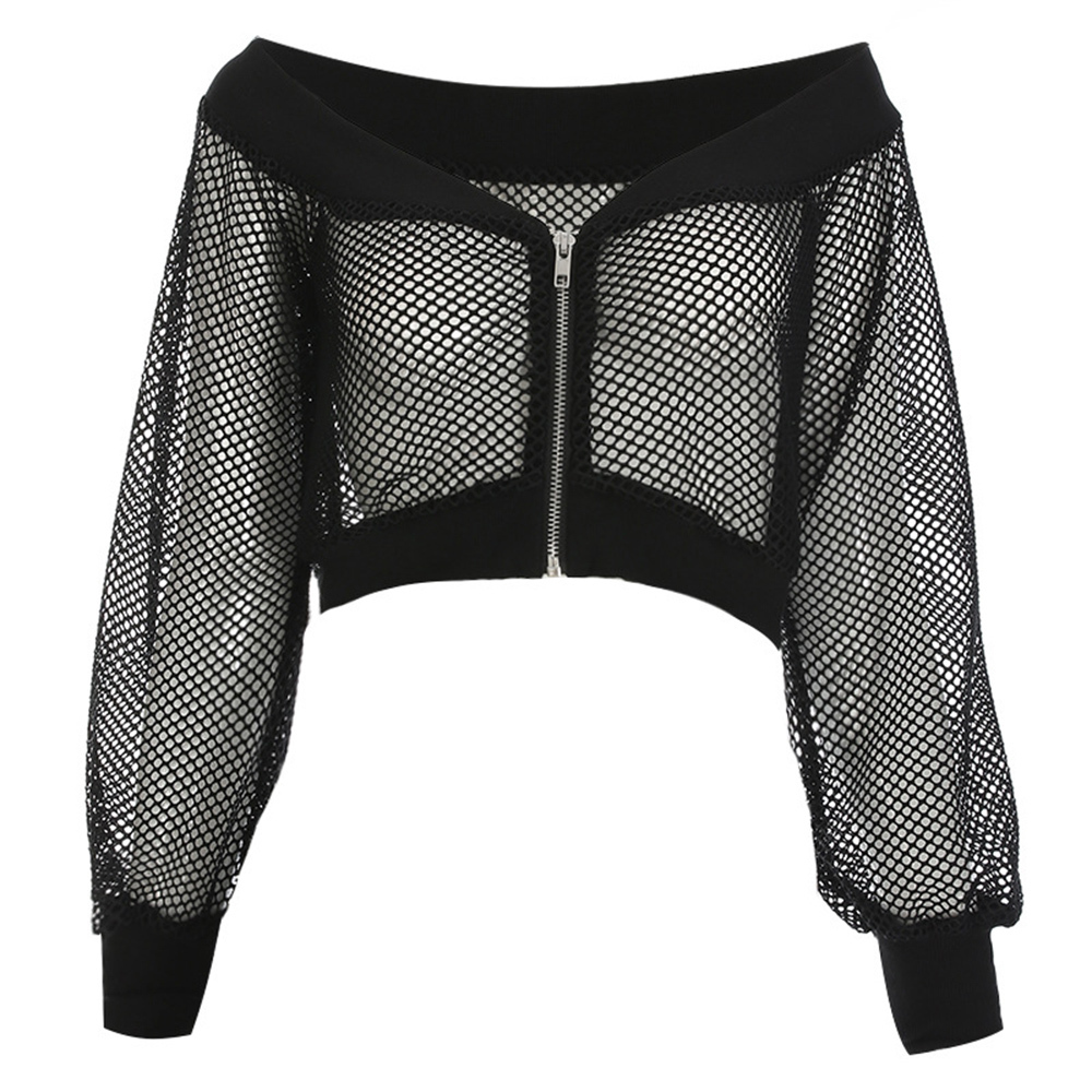 

Rosetic Gothic Sexy Short Women Black Mesh See-through Slash Neck Hollow Off Shoulder Long Sleeve Club Street Goth Blouse C19041901