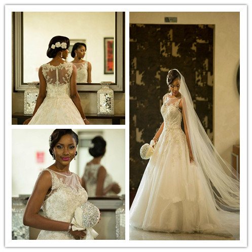 

2019 Vestios De Marriage Gorgeous Wedding Dresses Sheer Crew Neck South African Lace Appliques Wedding Gowns Arabic Dubai with Button Back, Light sky blue