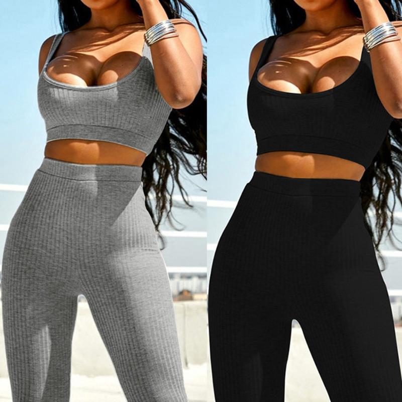 

2020 Women' Fashion Seamless yoga set Fitness Sports Suits Solid Color Vest Sports Leggings Two Piece Suit Yoga Suit, Black
