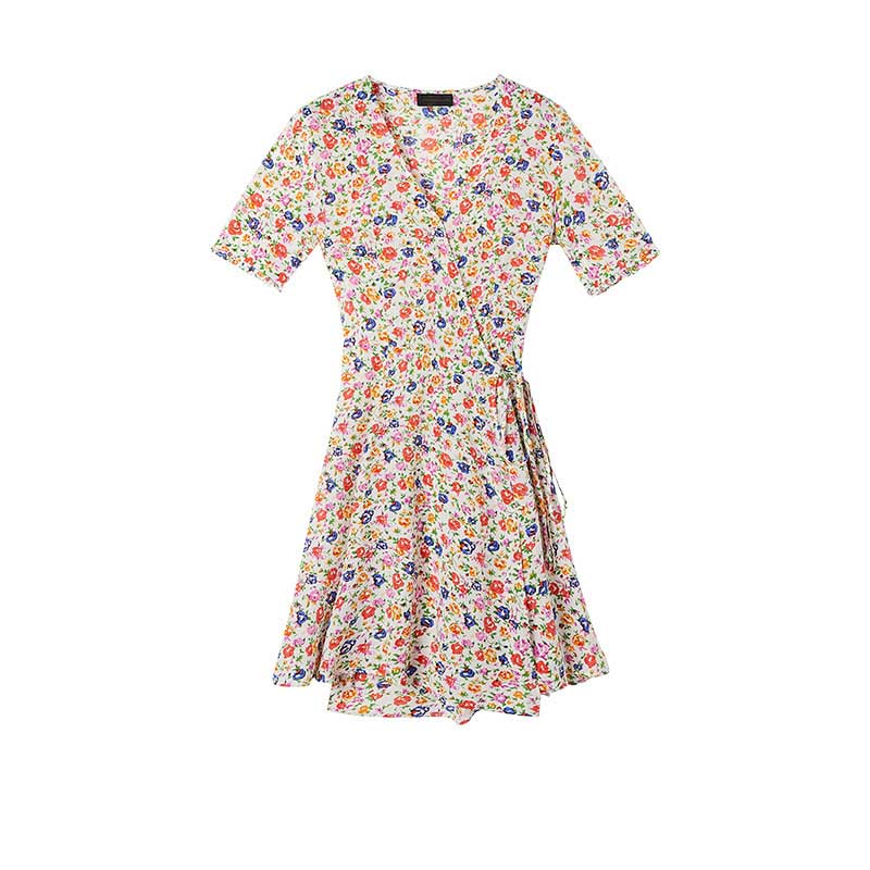 

Women Dress Spring and Summer Printed V-neck Silk Dress, Mixed
