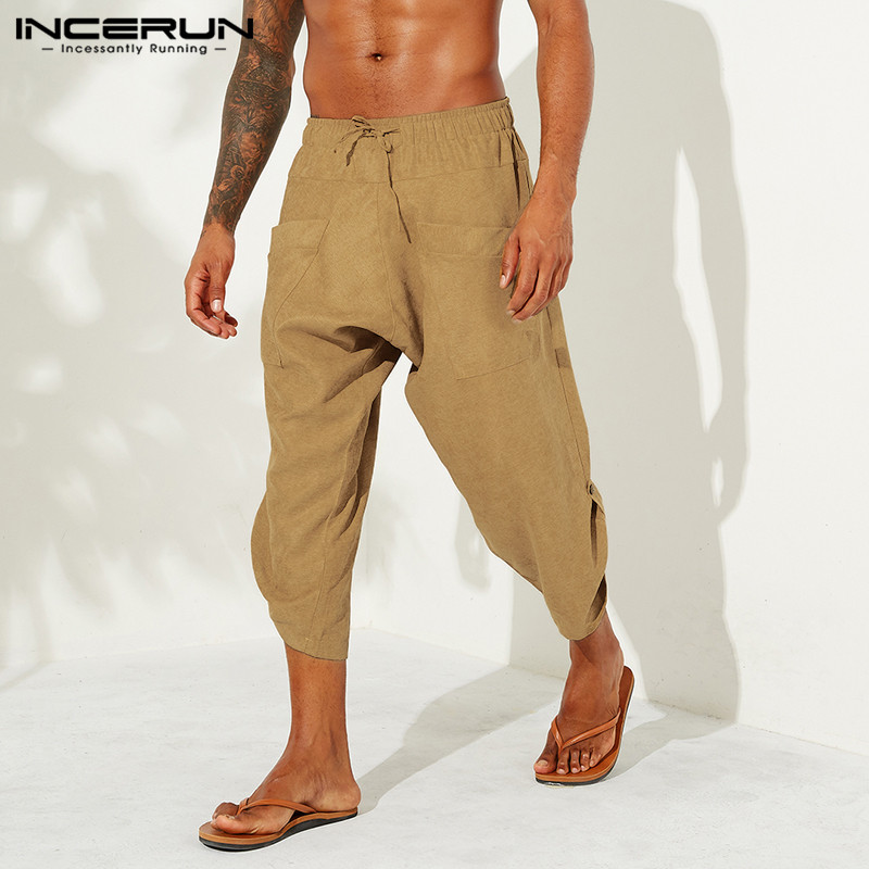

Cotton Linen Men Pants Solid Baggy 2020 Retro Joggers Streetwear Casual Calf Length Trousers Men Drop Crotch Harem Pants INCERUN, Black