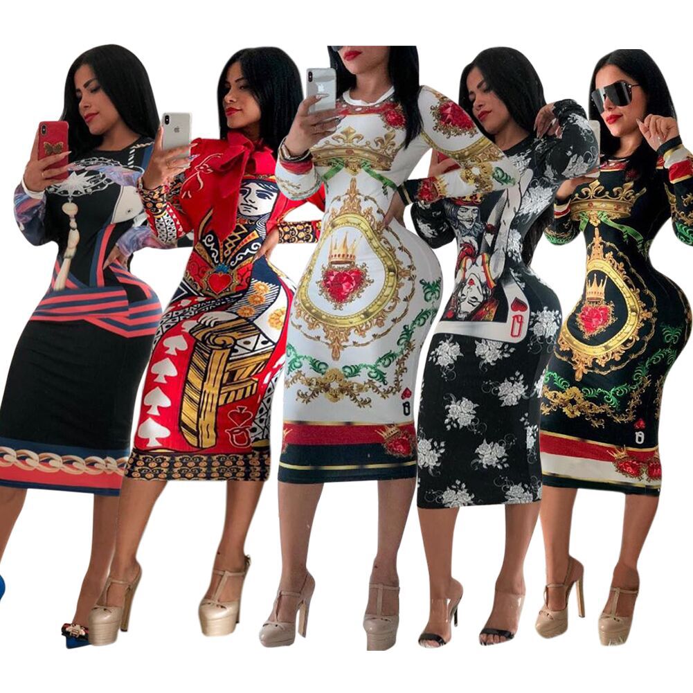 

Autumn Spring Women Dresses Clothing Sexy Fashion Printed Long Sleeve Casual Slim Designer Dress Size S-2XL, Black;gray