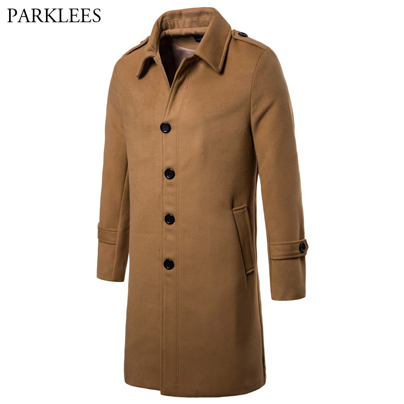 

2018 Autumn Winter Men' Slim Wool Coat Business Classic Men Turn Down Collar Long Style Windebreaker Coats Manteau Homme Hiver, Camel