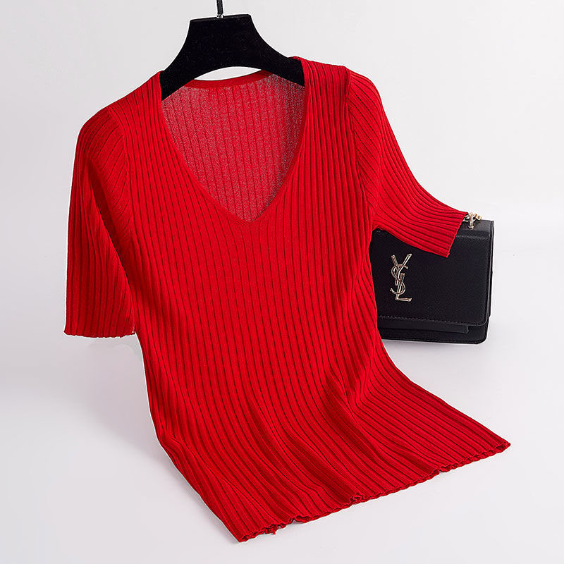 

Women Spring Summer Style Knitted Sweater Pullovers Lady Casual Striped Printed V-Neck Short Sleeve Pullovers Tops ZZ0005, Black