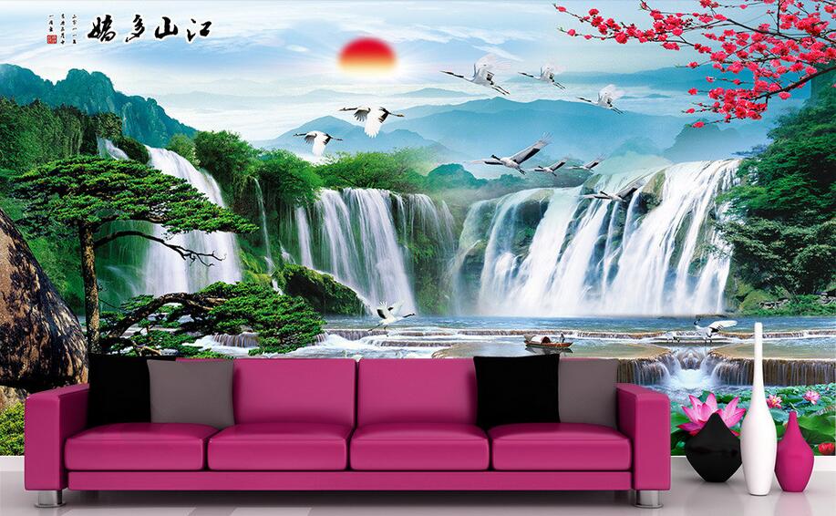 

3d wallpaper custom photo Chinese style mountain pine waterfall scenery living room Home decor 3d wall murals wallpaper for walls 3 d, Non-woven