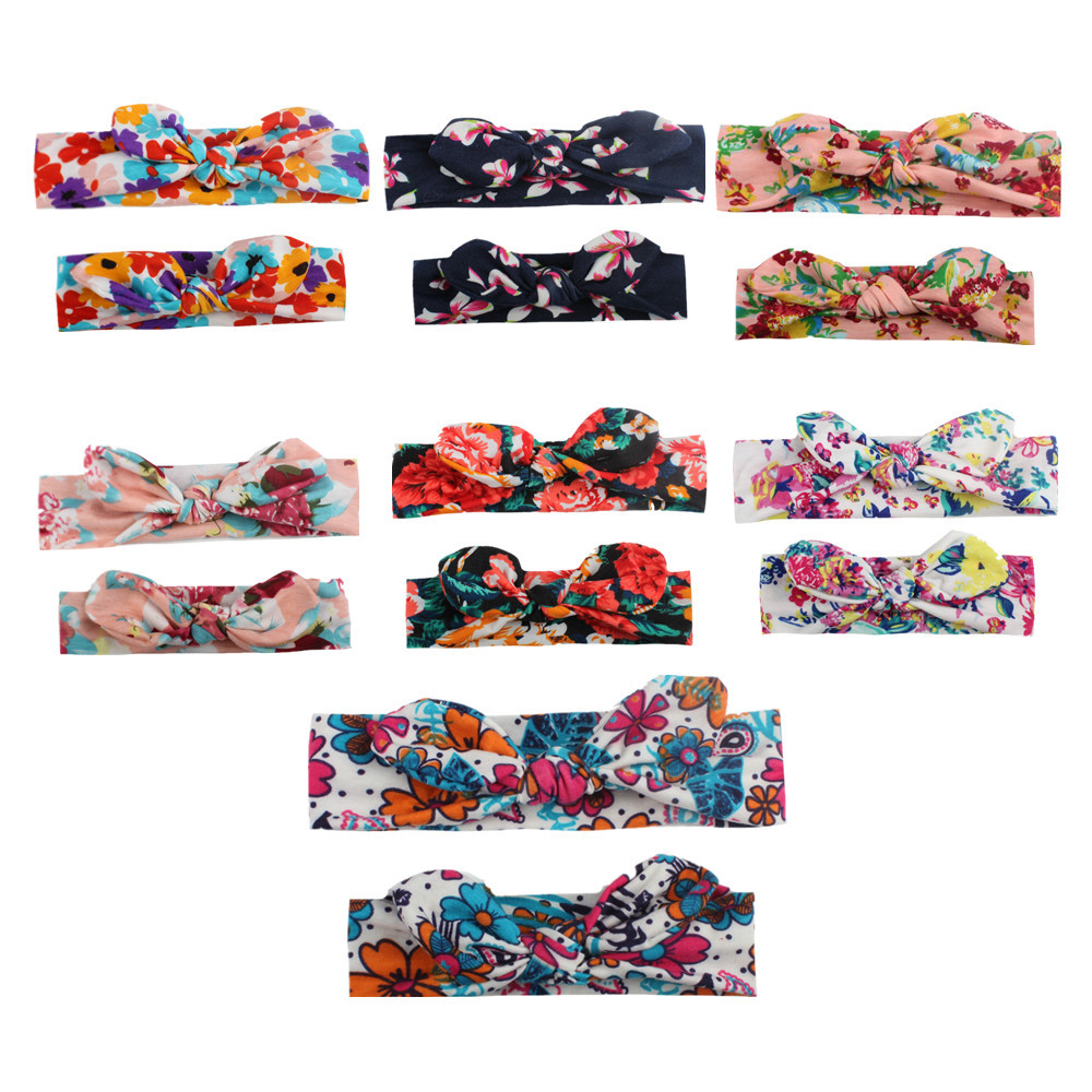 

Floral parent-child hair band 2pcs/set printed rabbit ear hair accessories headband Bow tie headband Mother baby stretch cotton bandeau A07