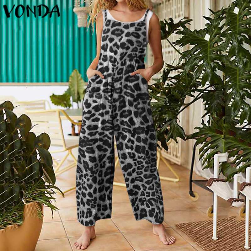 

Overalls For Women Leopard Palysuits VONDA 2020 Summer Sleeveless Party Jumpsuits Rompers Casual Wide Leg Pants Plus Size, Coffee