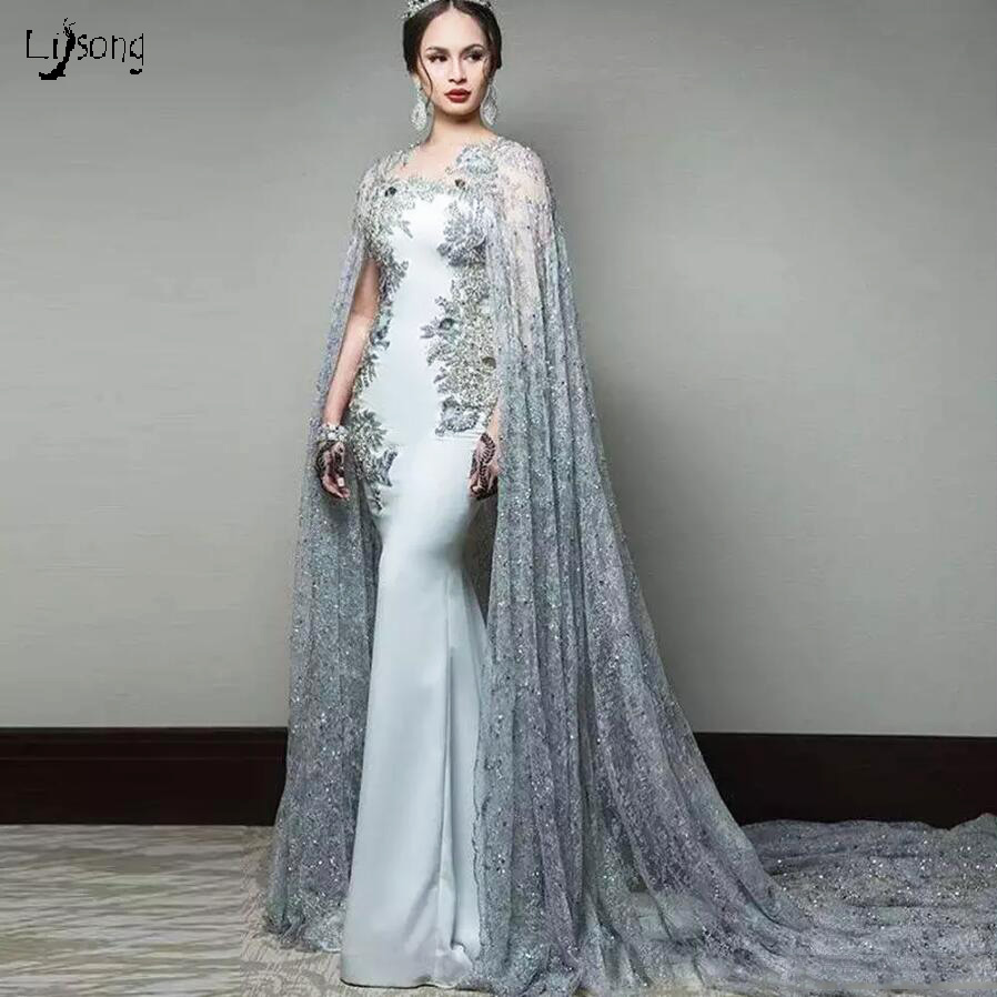 Liban bleu gris robe de soirée dentelle étage longueur Cape horloge appliques perlée bal formelle Maxi robes robe de festa femmes fête porter rob