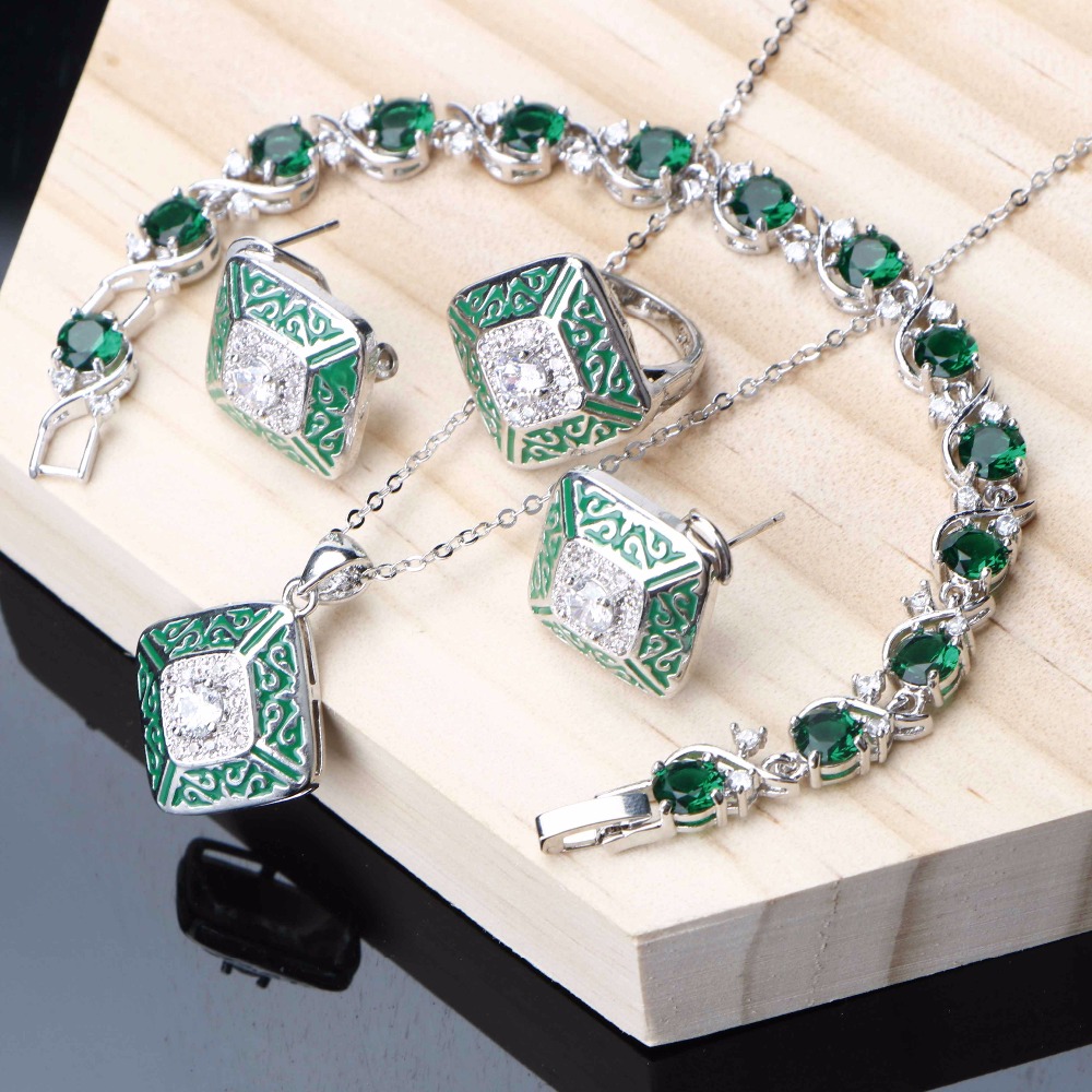 Compre 925 Joyería De Plata De Las Mujeres Conjuntos De Joyas Nupciales Verde Cubic Zirconia Anillo De Moda Pendientes Collar Pulsera Set Regalos De Boda A 19 33 Del Chongyangclothes009 Es Dhgate Com