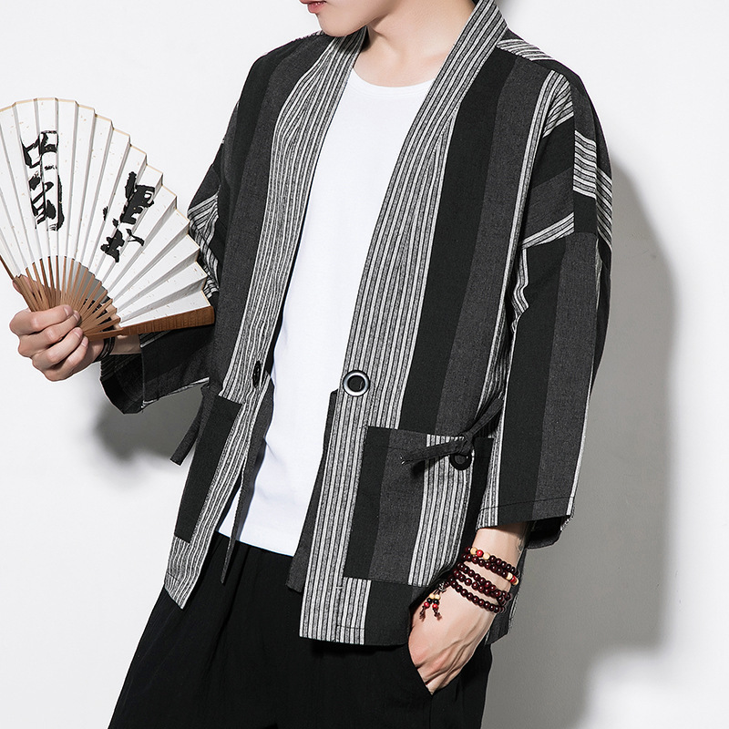 

#4319 Striped Cotton Linen Kimono Coat Vintage Open Stitch Plus Size 5XL Mens Jackets And Coats Black/White Kimono Cardigan Men