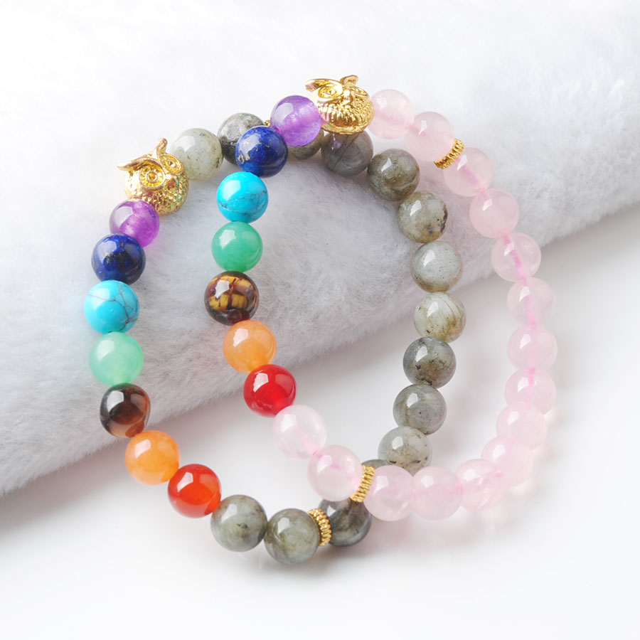 WOJIAER 8mm Stone Round Beads Owl Bracelets Strands 7 Chakra Healing Mala Meditation Prayer Yoga Women Jewelry BK327-image-772968013