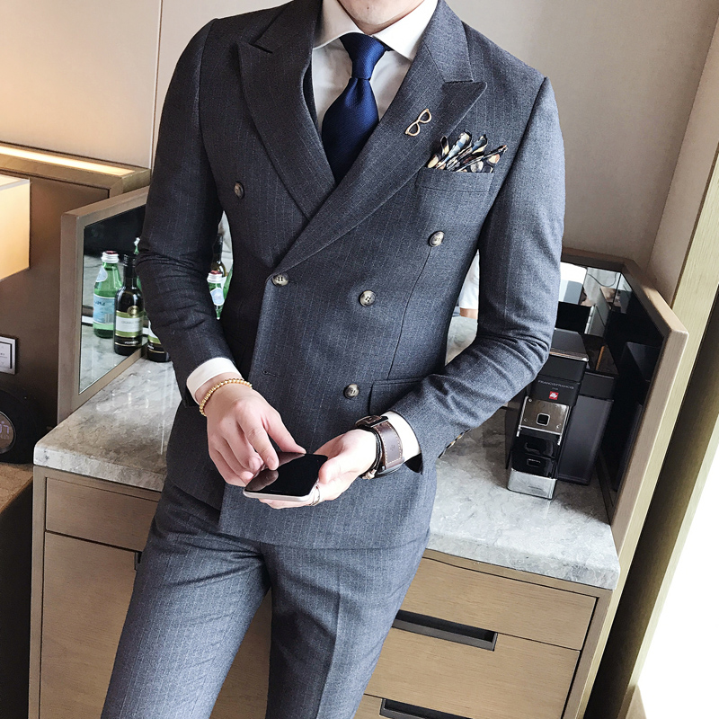 

Men's Suits & Blazers Double Breasted Mens 2021 British Style Striped Terno Slim Fit Blue Social Dress Business Vintage Grey