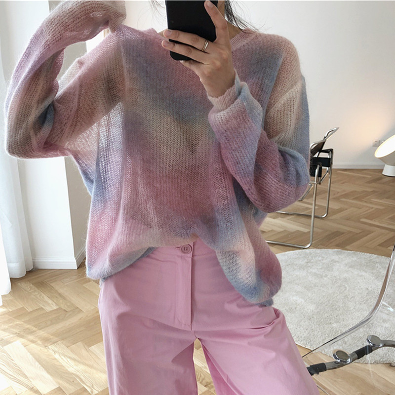 

2020 Thin Mohair Sweater Women Loose Casual Pullovers Female Sweater Spring Autumn Korea Sweet Elegant Perspective Tops, Blue