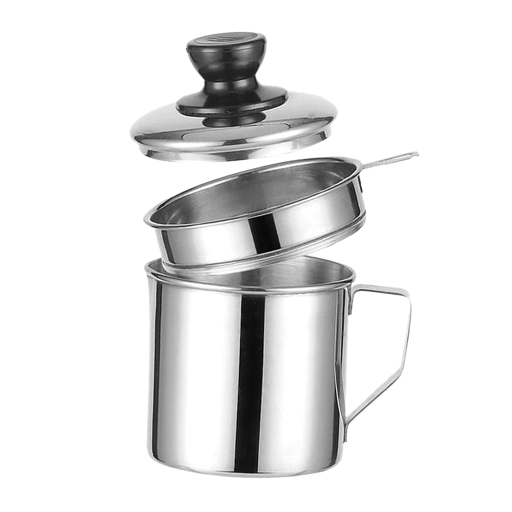 

bacon grease keeper container with strainer, stainless steel oil storage catcher container, grease can for kitchen restaurant use, silver