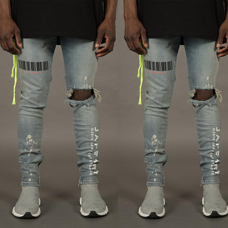 

Europe And America New Style for Men Printed with Holes Elasticity Skinny Jeans Gentleman Trousers, Light blue